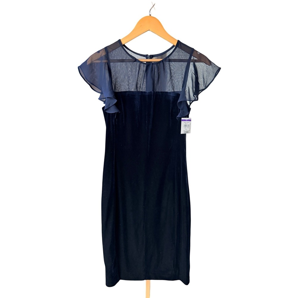 Harper Rose Sheath Dress 6 Navy Blue Velvet Flutter Sleeve Cocktail Elegant Chic - Picture 2 of 7